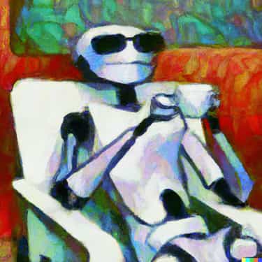 Impressionist oil painting in the style of matisse of a humanoid robot in sunglasses sitting in an easy chair enjoying a cup of coffee